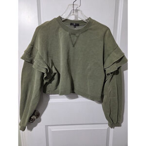7 For All Mankind Womens Small Green Crop Sweatshirt Ruffle Sleeves Distressed